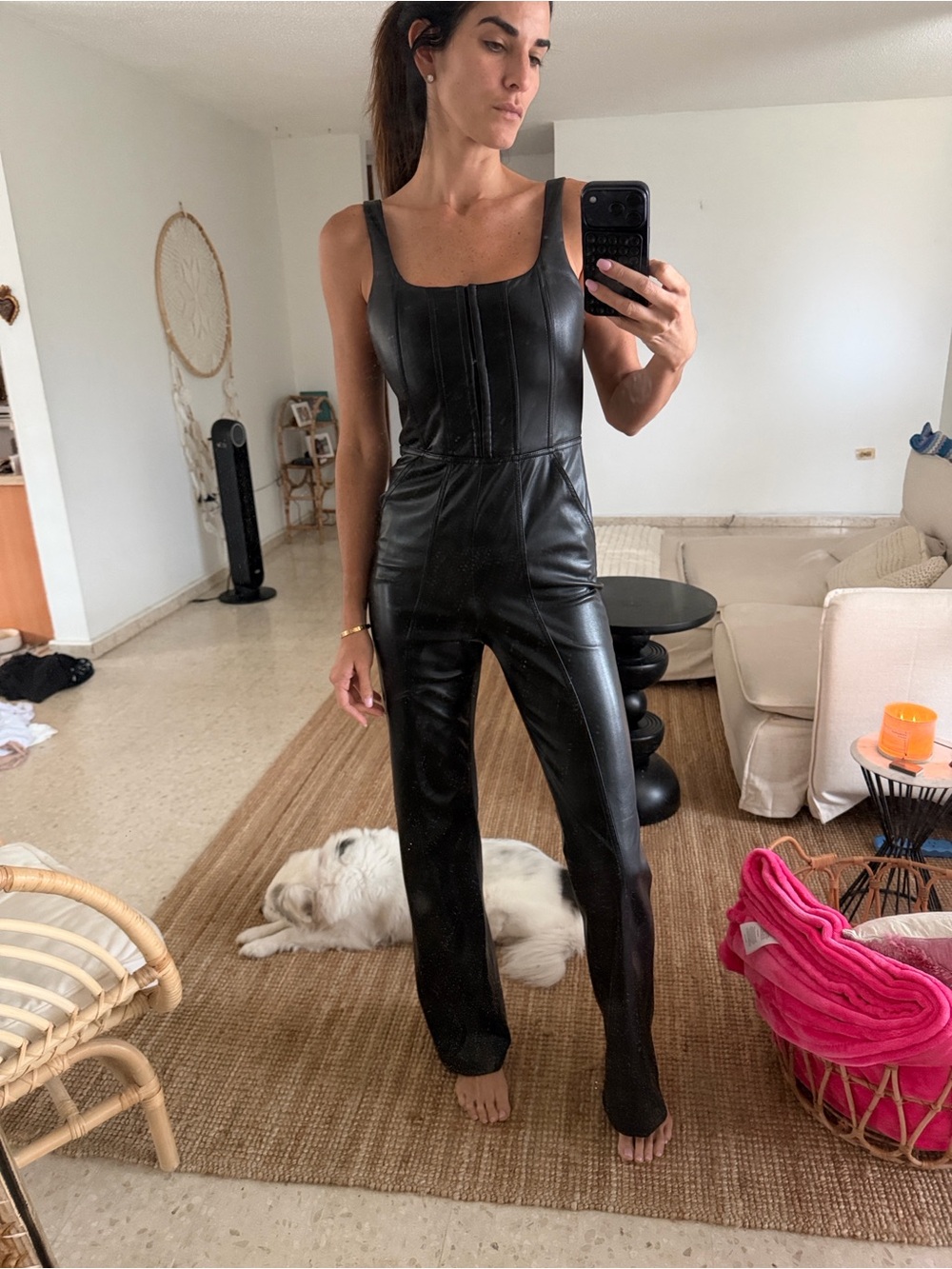 Alice + Olivia Vegan Leather Corset Jumpsuit in Black
